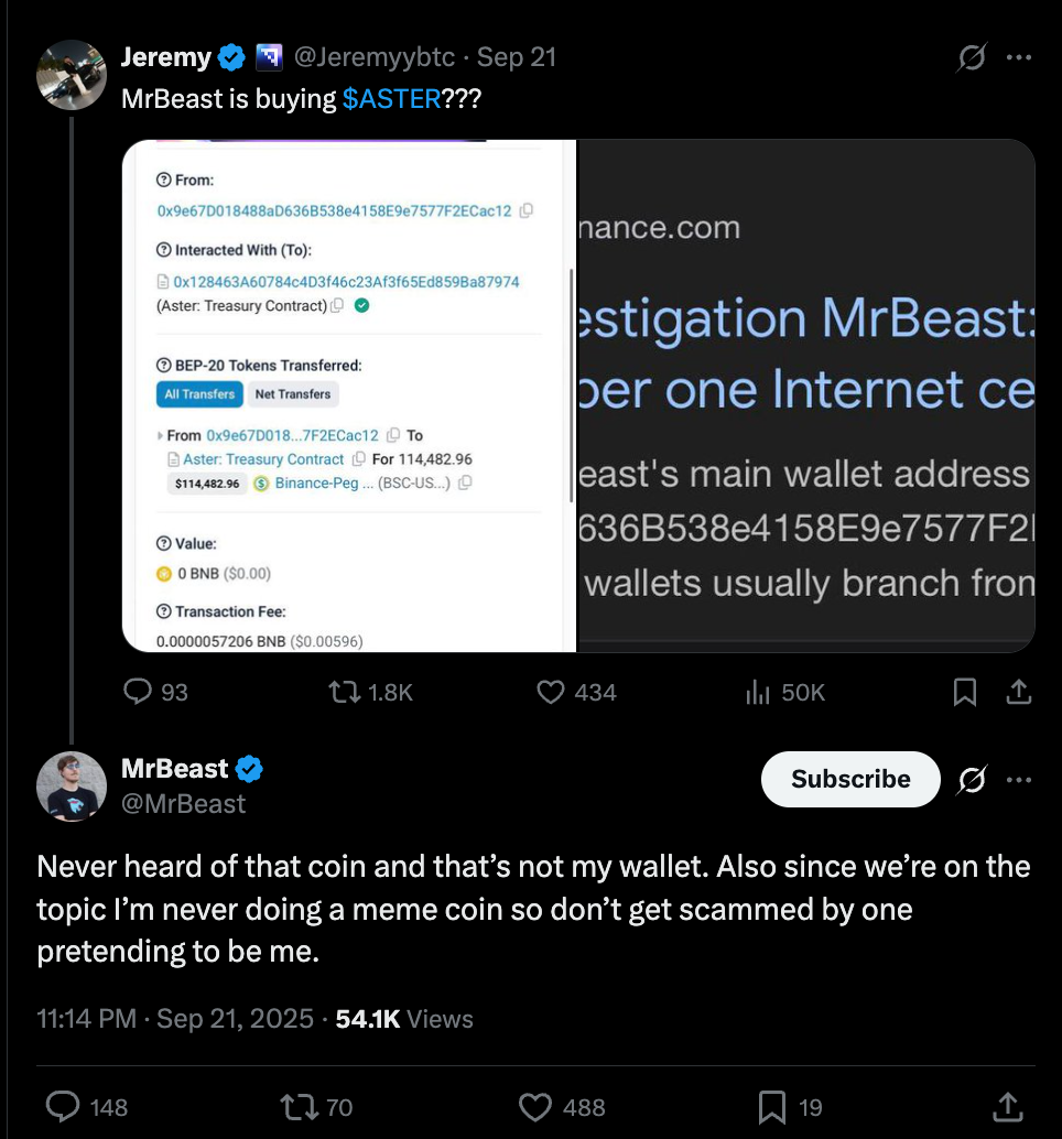 Предполагаемый кошелек MrBeast покупает токен Aster.